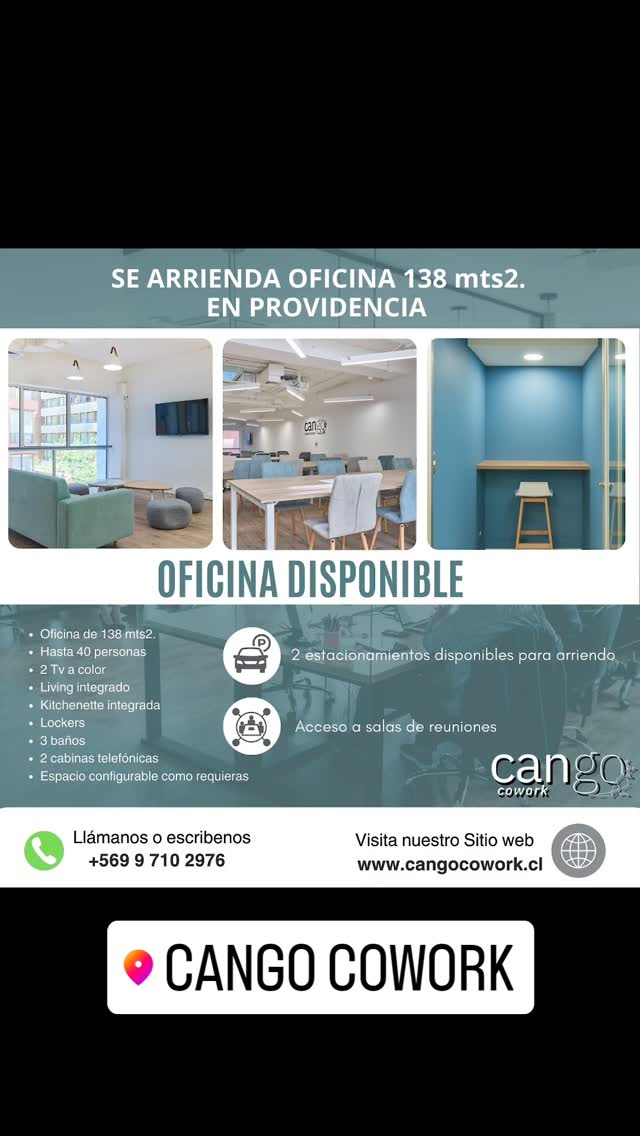 Ven a conocer esta espectacular oficina! Es un espacio muy moderno y acogedor; donde tu equipo se sentirá muy cómodo trabajando. Es el lugar ideal para un equipo Joven, con grandes ideas y deseos de crecer. 📈
Es un gran espacio de 138 mts2. Tiene 40 puestos de trabajos, Kitchenette integrada, 3 baños, un rico living, lockers, 2 cabinas telefónicas y todos los servicios integrados del Cowork! 🪴✨
Internet wifi dedicado de alta velocidad; acceso a cafetería (café de grano gratis). Estamos muy bien ubicados entre Metro Los Leones y Metro Pedro de Valdivia, cerca de centros médicos, centros comerciales y un agradable y tranquilo sector para trabajar.
La gente es buena onda, te atendemos bien, qué mejor!
Es la oficina de tus sueños, ven a conocerla!! 😍
El primer mes de arriendo tiene un 50% de descuento si la arriendas x un año.
Consultas en contacto@cangocowork.cl o llama a:
+569 97102976 (también tenemos WhatsApp)
Te esperamos en Cango Cowork!🦘💕
El Cowork más productivo de Providencia.
#coworking #cowork #arriendochile #arriendodeoficinas #arriendodeoficinastodoincluido