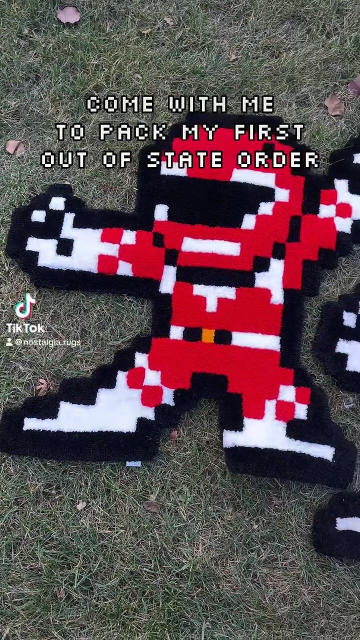 Had the opportunity to pack and ship out my first out of state order! Client saw my first Pixelated Red Power Ranger rug and had to cop one of their own. Get your own custom made rug NOW! Commissions Open. Message for a Quote! #rugs #handmade #floor #tuftingart #rugart #rugdesign #rugmaking #fypage #fyp #foryoupage #artistsoftiktok #tiktokart #tuftingrug #artistofinstagram #