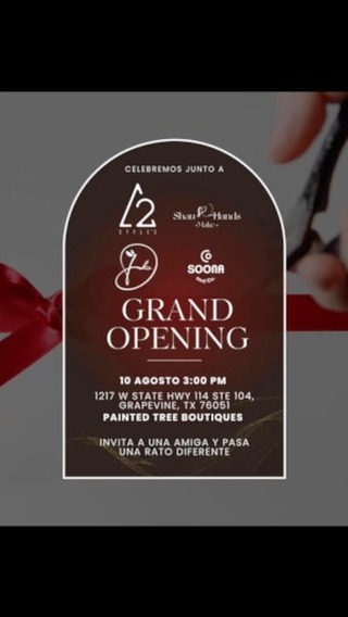 🎉🌳🛍️ Exciting news, everyone! We’re celebrating the grand opening of our store at the Painted Tree in Grapevine, located at Booth E18 📍1217 State Hwy 114, Suite 104, Grapevine, TX 76051, from 3 PM to 6 PM 🕔! Bring a friend 🤝 to share a wonderful time together! Special thanks to our partners @a2s.tyles , @shauhandsmake 🧵, and @soona_and_co and joining us in this celebration! Don’t miss out on the fun! 🎉🤩
🎉🌳🛍 ¡Tenemos noticias emocionantes para todos! Celebramos la gran apertura de nuestra tienda en el Painted Tree de Grapevine, ubicada en el puesto E18 📍1217 State Hwy 114, Suite 104, Grapevine, TX 76051, de 3 PM a 6 PM 🕔. ¡Trae a una amiga 🤝 para compartir un momento maravilloso juntas! Gracias especiales a nuestros partners de @a2s.tyles, @shauhandsmake 🧵 y @soona_and_co así que ven y acompañarnos en esta celebración. ¡No se lo pierdan! 🎉🤩