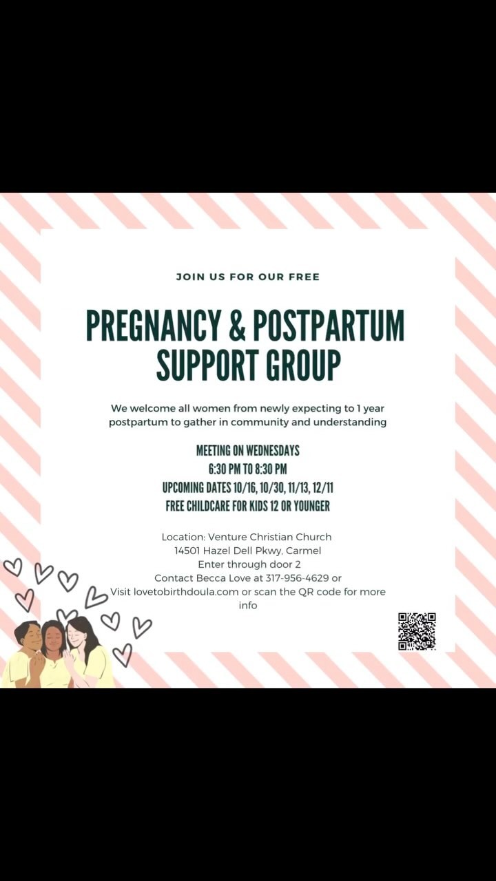I’m so excited to announce this FREE pregnancy and postpartum support group!
Serving women who are currently pregnant to 1 year postpartum, you’re welcome to come gather in community with others who are currently walking on the same path as you and others who have already been through it.
Childcare also provides for FREE for children 12 and younger!
This group does have some Christian based aspects, such as encouraging scripture verses and ending in prayer, but women from all backgrounds are welcome!
#pregnancy #postpartum #birth #support #supportgroup #indiana #carmel #carmelindiana #doula #mom