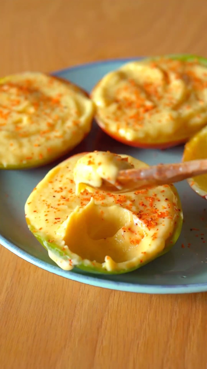 Mango Chili Lime Sorbet 🌞
I ate 3 of these in one sitting, and you should too.
Ingredients:
- 250 grams frozen mango
- 4 tablespoons coconut cream or other vegan cream
- 2 tablespoons maple syrup
- juice of 1 lime
- optional: Tajín (or other type of chili lime seasoning) and/or chamoy
Instructions:
1. Cube and scoop out the fruit from the skin and freeze until completely frozen. Put the empty mango skins in the freezer too.
2. Blend the frozen mango in a food processor or high-speed blender with the rest of the ingredients (except the chili lime seasoning).
3. Scoop the sorbet into the mango skins and sprinkle on your desired amount of chili lime seasoning for a bit of 🤌🔥
4. Serve immediately for a soft-serve consistency, or place them in the freezer for 1-2 hours for a firmer consistency.
#vegan #veganrecipes #easyrecipes #plantbased #mango #sorbet #icecream #tajin