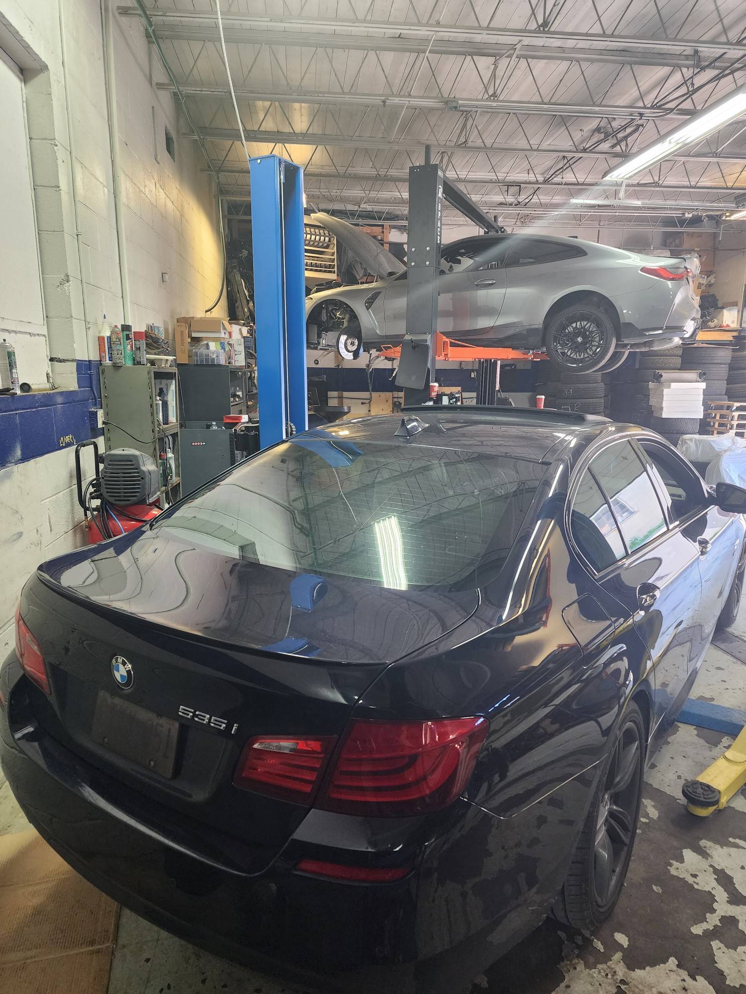 This 535i stopped by the shop for some well needed attention. Apon inspection, we found a slew of things wrong and addressed for the customer. He had complaints of a clunking sound when breaking and a loud humming noise coming from the rear of car. After performing our diagnostic we found that the bushings were completely worn out in the front lower contol arms and rear passenger wheel bearing was completely toast, so we replaced everything and did a 4 wheel alignment on the car. Let me tell you this thing drives like new, right off the dealer lot!