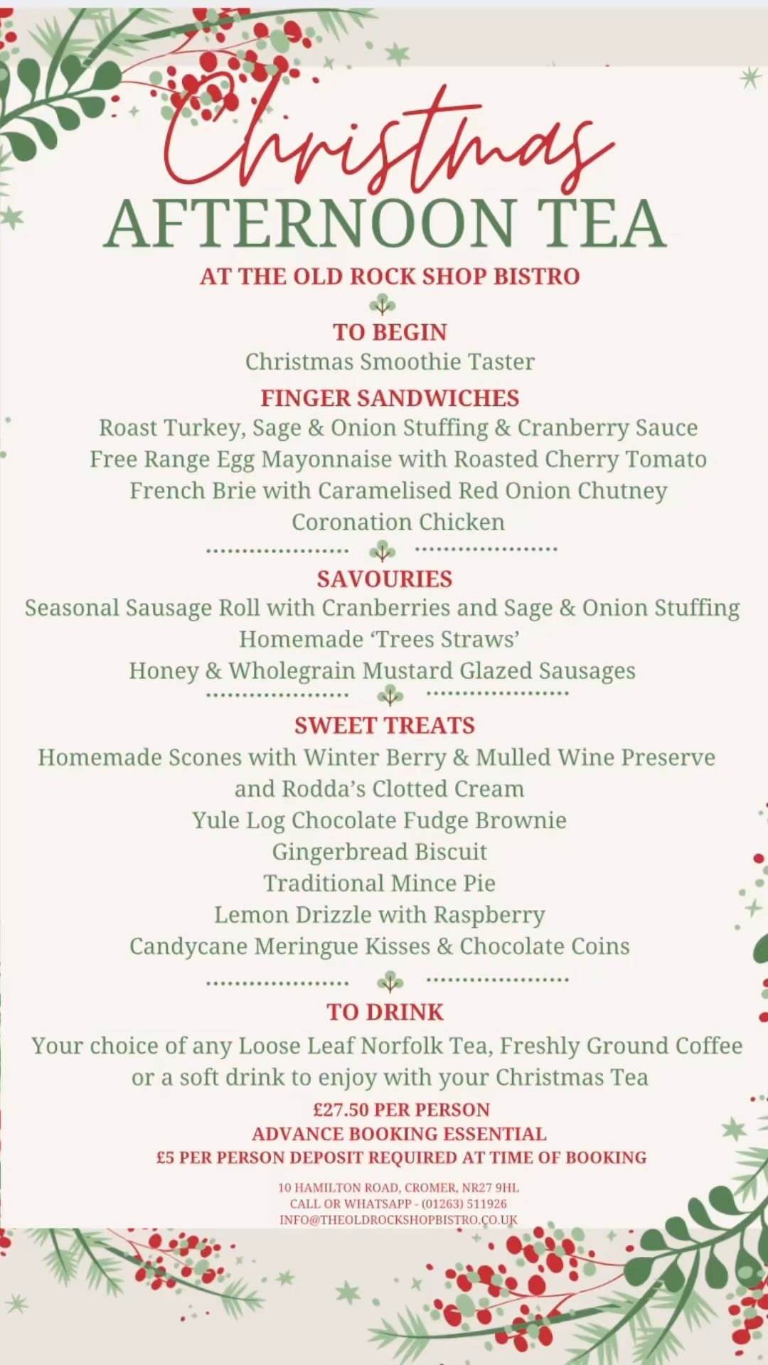 🎄✨ Christmas Afternoon Tea at The Old Rock Shop Bistro is back for 2024! ✨🎄
Our festive Afternoon Tea returns on Friday 29th November and our team of in-house bakers have been working hard to make this the best year yet!
✨
Beginning with a taster of our special Christmas smoothie, served in a miniature milk bottle before diving into a selection of handcrafted sweet and savoury treats, all baked in-house to bring a little magic to your Christmas season. (And if you want more of the smoothie… full-sized will also available for takeaway at @weststreetdelicromer!)
🌟 How can we make your Christmas even sweeter? There will be a competition later in the month giving you the chance to WIN a Christmas Afternoon Tea for two—and if you’ve already booked in with us, you’ll enjoy it on the house!
And there’s more… our GM @hadleywarner has a secret Christmas giveaway lined up as we near December, so stay tuned! 👀🎅
✨
Want in on the advent-action?
✨
Tag the friends & family below that you’d love to share a seasonal treat this Christmas. Let’s make it one to remember & check the comments for booking info!
🎉 #ChristmasAtTheBistro #FestiveAfternoonTea #BookNow #afternoontea #christmasafternoontea