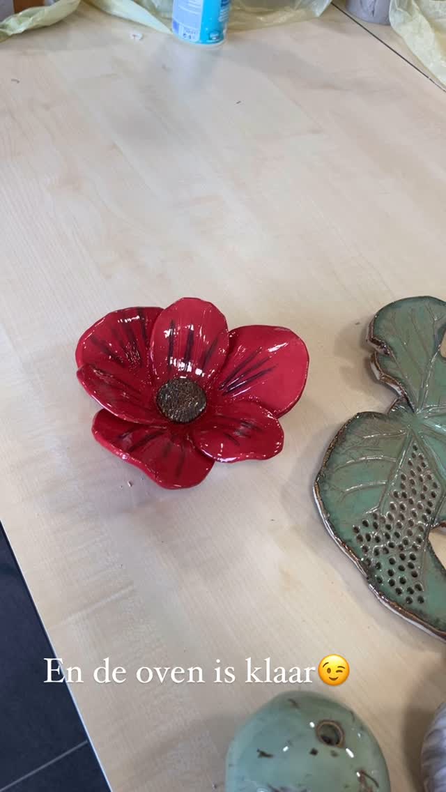 Een gedeelte van de cursus servies maken. De vaas van Ilse met de duizend bolletjes. De serie baby’s in ei van Willy. Het mooie blad van Angelica. En nog veeeel meer.