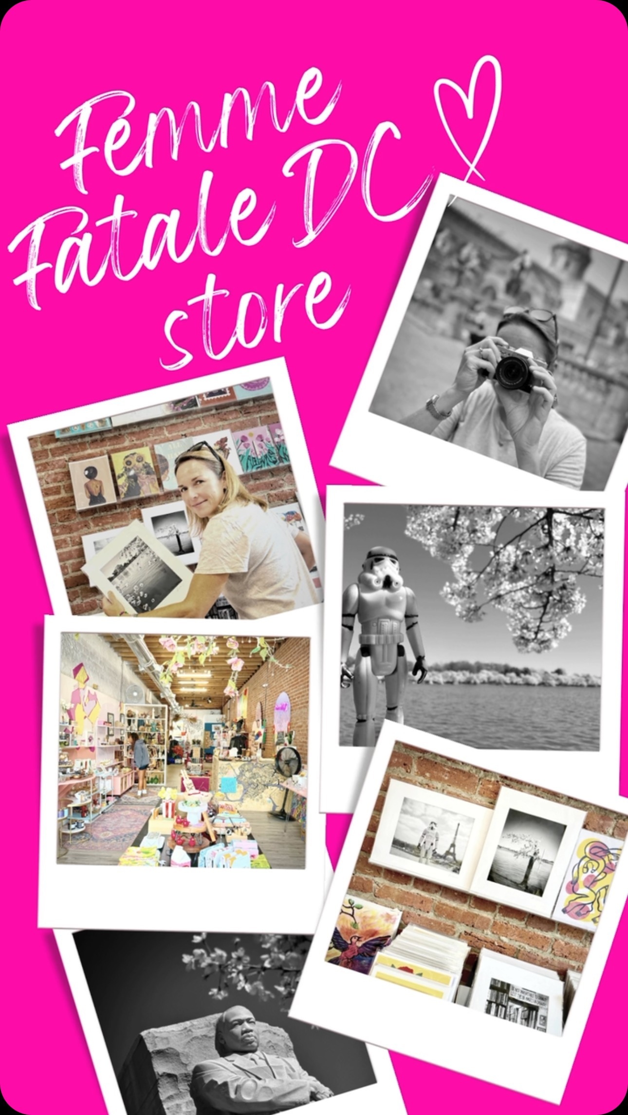 You can now shop for kpm photo art prints at the coolest spot in town - Femme Fatale DC in Cleveland Park selling one-of-a-kind goods!
.
kpm photo art is a small woman-owned business based in Washington D.C. selling original black and white fine art photography. The collection showcases a unique and diverse selection of travel-inspired artwork, offering custom framing options and archival quality prints. Artwork is featured from D.C. as well as locations around the globe, including distinctive nature and landscape prints. www.kpmphotoart.com
.
#madeindc #smallbizdc #femmefataledc #shoplocaldc #imadethis #photoartprints #igdc #dcist #dcpopup