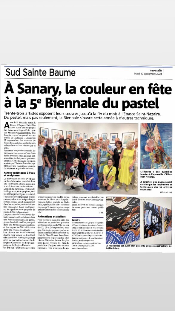 Une très belle EXPOSITION jusqu’au 29 septembre à l’Espace Saint Nazaire de Sanary sur mer : une trentaine d’ARTISTES, de très nombreuses œuvres réparties sur 3 NIVEAUX dans un espace LUMINEUX, une belle VARIÉTÉ de styles et de techniques, et enfin des ATELIERS d’initiation ouverts au public.
J’ai été ravie d’avoir été sélectionnée par Poupée Artdecoeur pour y participer et d’y avoir retrouvé mes amis @godda.art et @trefoisphilippe…
Un grand merci à la journaliste Isabelle Jalfre de Var Matin pour son bel article ainsi qu’à la municipalité de Sanary sur mer qui a mis à notre disposition ce lieu magnifique qu’est l’Espace Saint Nazaire. Et bien sûr un immense merci aux organisatrices, @artdecoeurexpo et @michelina.amore 🙏❣️
#artexhibition #contemporaryart #contemporaryartist #femmeartistepeintre #jgrimo #sanarysurmer