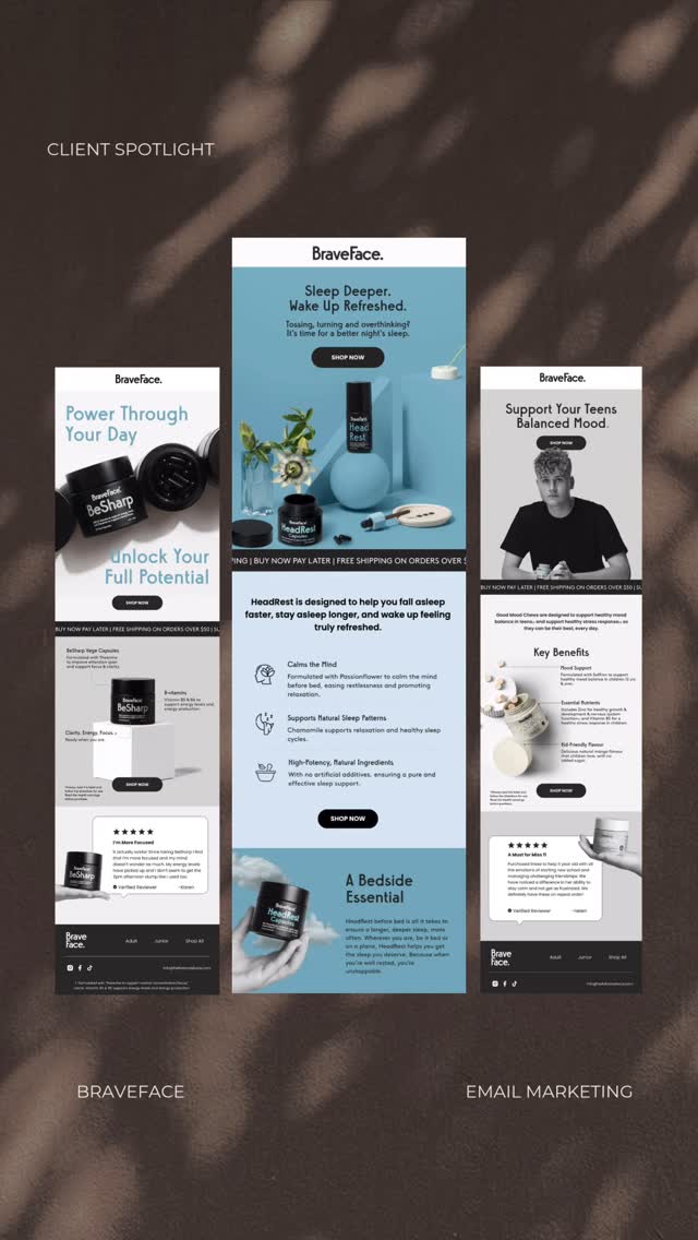 Email Makeover for BraveFace✨
Every makeover starts with an audit. We look at what’s working, what isn’t and where the gaps are.
From there, we run a workshop session with our clients. It’s collaborative, and full of questions which allows us to dig into the brand, customer journey and what’s happening at each stage.
Then we rebuild flows and redesign all emails with intention. Clearer layouts, easier to navigate and aligned with how the brand wants to show up.
These emails for BraveFace were built through that exact process.
Want that for your brand too? You know what to do 💌