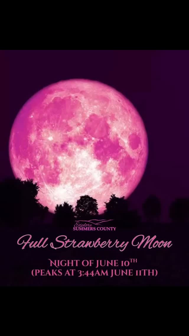 🌕🍓 A Once-in-a-Generation Moonrise! 🍓🌕
Tonight’s Full Strawberry Moon is no ordinary moon—it’s part of a rare lunar standstill that only happens every 18.5 years! That means the moon will rise at its most extreme northern point on the horizon, creating a stunning, low-angled view that may even glow with a warm orange/pink hue as it climbs into the night sky.
Although the moon officially peaks at 3:44 AM on June 11, tonight is the night to step outside and soak in its beauty as it rises and lights up the landscape into the early morning hours.
Looking for the perfect place to catch it?
Check out these breathtaking spots in Summers County:
🌉 Sandstone Falls Boardwalk – where moonlight meets cascading water
🏞️ Bolar Lookout Tower at Pipestem Resort – panoramic views above the treetops
🌲 Bluestone State Park – peaceful skies and natural beauty
🏡 Or just look up from your own backyard—this moon will put on a show no matter where you are!
Why “Strawberry Moon”? 🍓 It’s named for the ripening of wild strawberries in early summer—a sweet reminder of the season’s arrival.
📸 Don’t miss this rare lunar moment. Capture it, remember it—it won’t happen again until 2043.
#StrawberryMoon #FullMoonMagic #OnceInAGeneration #ExploreSummersCounty #MoonriseMoments #WVLunarViews #SkyWatchersUnite #pipestemstatepark #sandstonefalls #bluestonestatepark