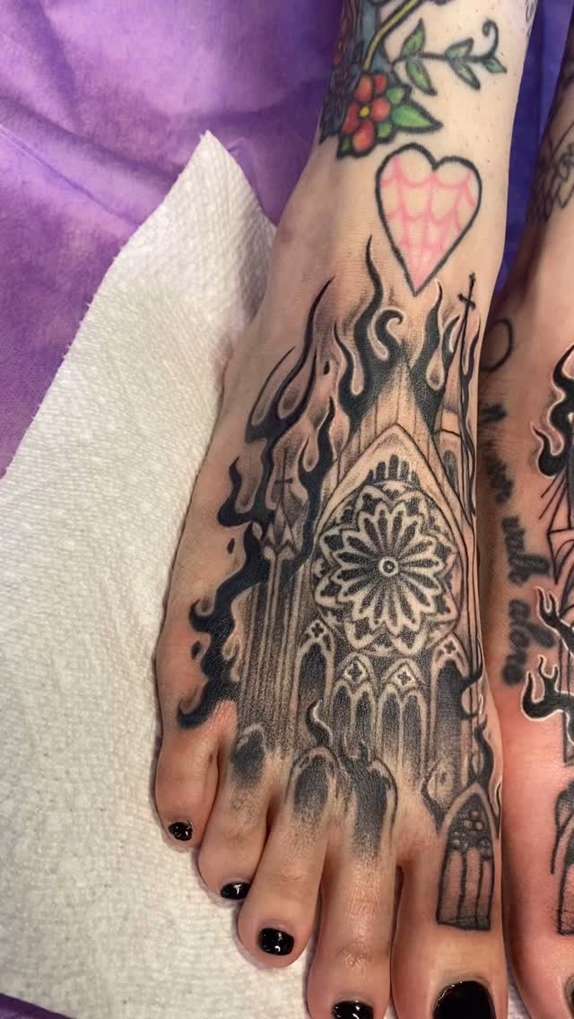 Finally finished these on the lovely @nikihughestattoos 🔥⛪️🔥 I loveeeeed tattooing this more spooky churches pls 🙏
