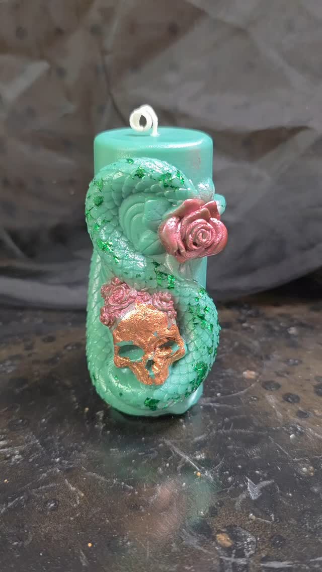 Skull & snake-wrapped pillar candles available at www.MelmadeScents.com
#candles #custom #snake #skull #melmadescents