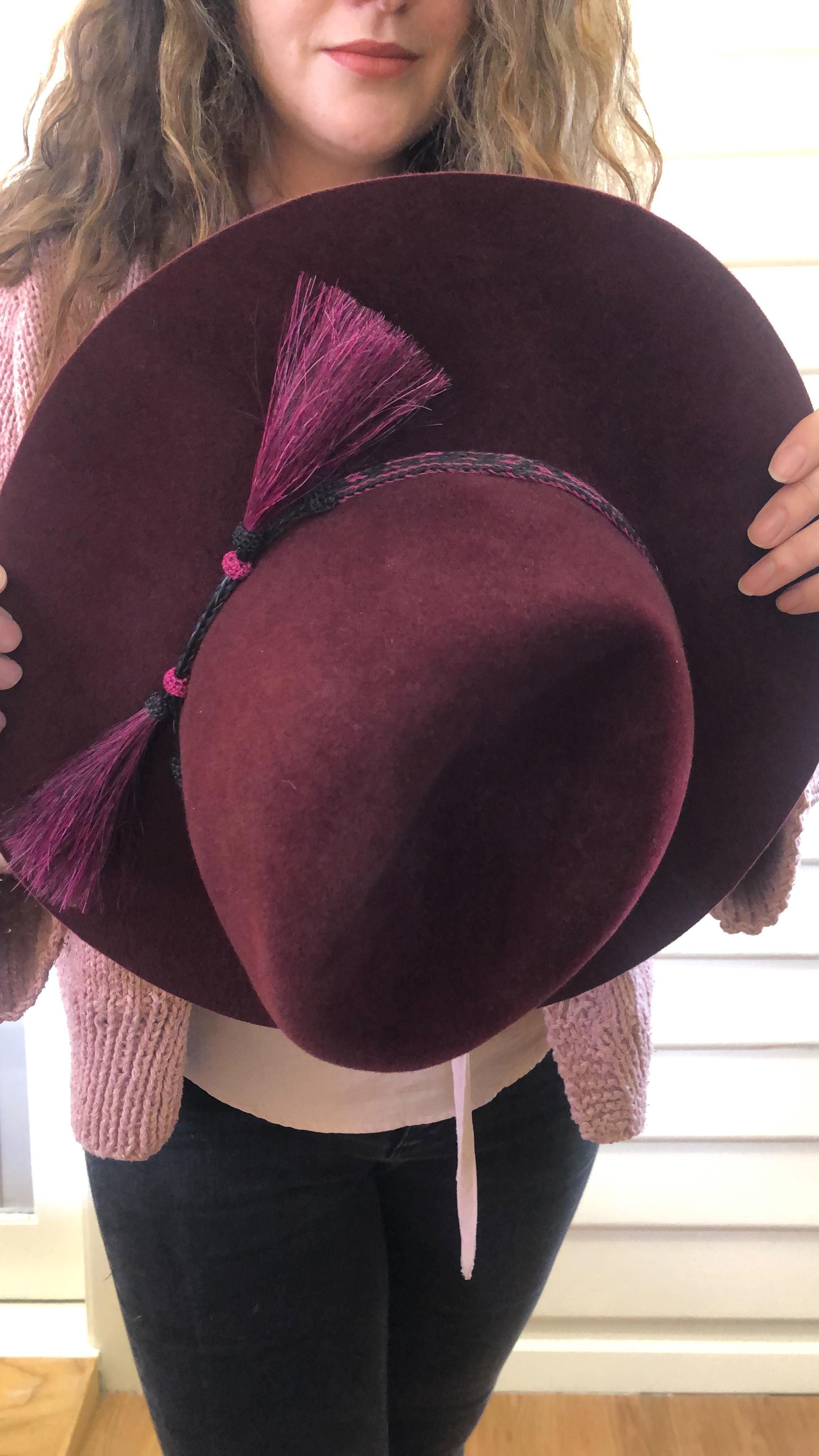 Having fun playing with this gorgeous burgundy felt. The large brim and magenta horsehair braid band make it a standout piece. Easy to throw on! #styleplay #hatfun #bespokehats #fashionjoy
