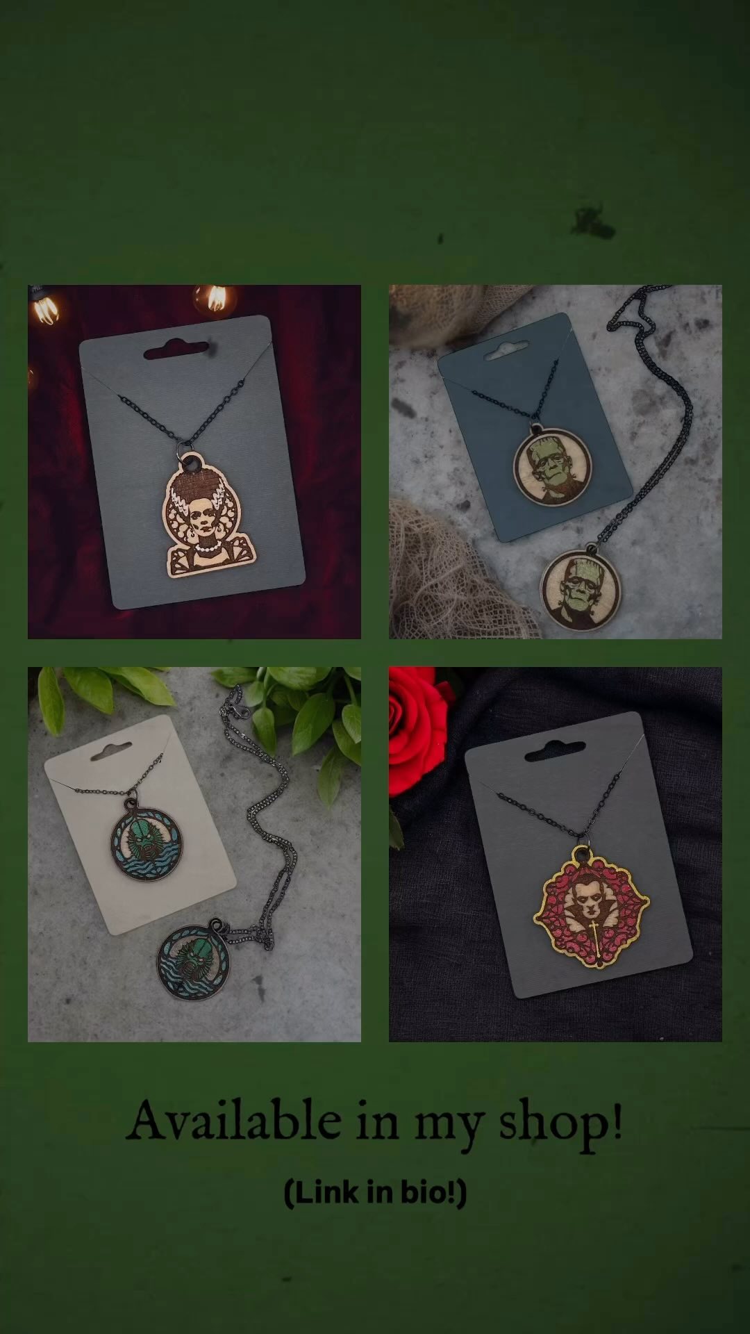 Embrace the spirit of Halloween with these classic movie monster necklaces. Perfect for adding a unique and hauntingly beautiful statement to your wardrobe. Each piece is laser cut and engraved and then hand-painted, making them one-of-a-kind treasures that blend artistry with the iconic imagery of classic movie monsters. ๐ง๐ผ๐ท๏ธ๐ง๐ปโโ๏ธ #classicmonsters #monsterjewelry #jewelrydesigner #halloweenaccessories