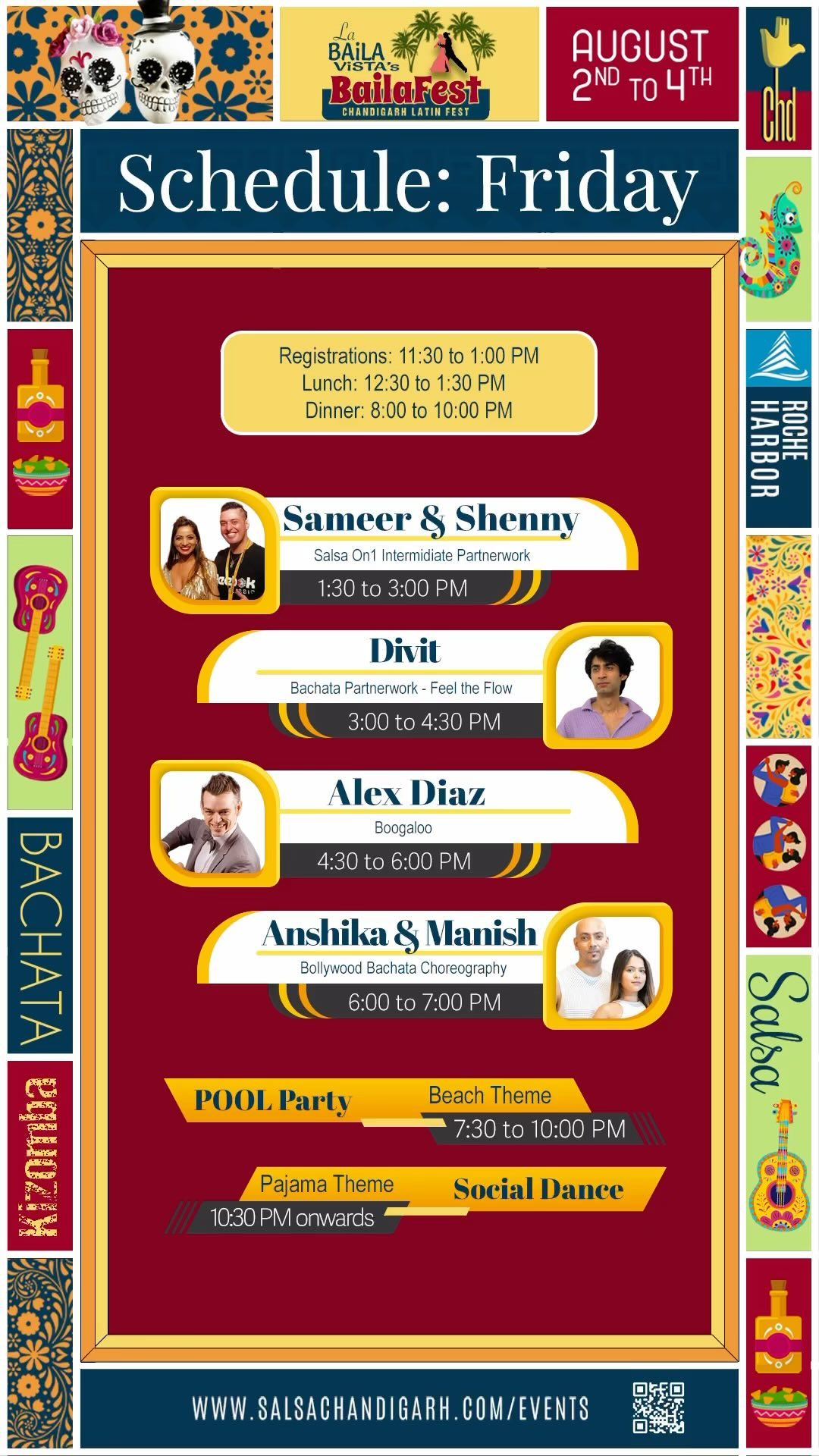 🎉 BailaFest Friday Schedule! 🎉
Get ready to kick off BailaFest with an exciting day filled with amazing workshops and fun socials!
Join us for a day of learning, dancing, and making unforgettable memories! Don’t forget to bring your best beach and pajama outfits!
#BailaFest #ChandigarhLatinFestival #FridayFun #DanceWorkshops #SocialDancing #JoinTheParty #DanceCommunity