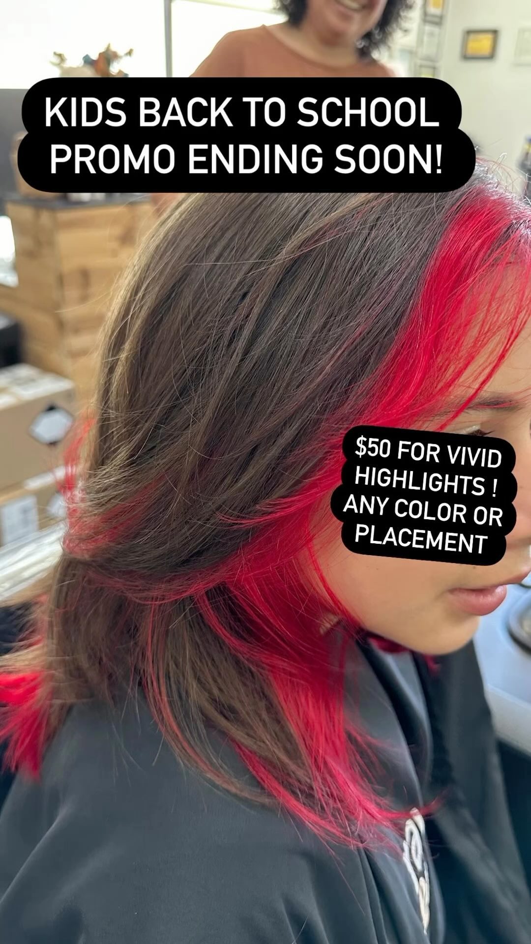 Jessica’s #backtoschool vivid hair promo is ending soon for the kiddos! Book by the end of September to get some fun color in your kids hair for only $50! Add a cut for only $20!
All discount #model cuts with Jessica will end in September as well! Get a fantastic wash/cut/style for only $20! Call the shop to book directly !