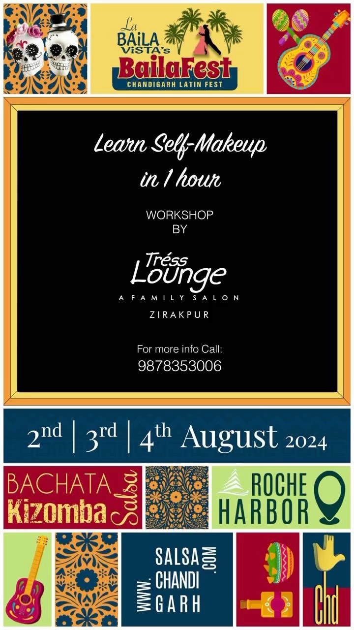 ✨ Exciting News! ✨
We are thrilled to announce that Tress Lounge is coming to BailaFest! 💃 Get ready for an exclusive makeup workshop that will have you looking your best on and off the dance floor. 🕺✨
Don’t miss out on this fabulous opportunity to learn from the best in the beauty industry. See you at BailaFest! 🎉
#BailaFest #TressLounge #MakeupWorkshop #DanceInStyle #ChandigarhLatinFest