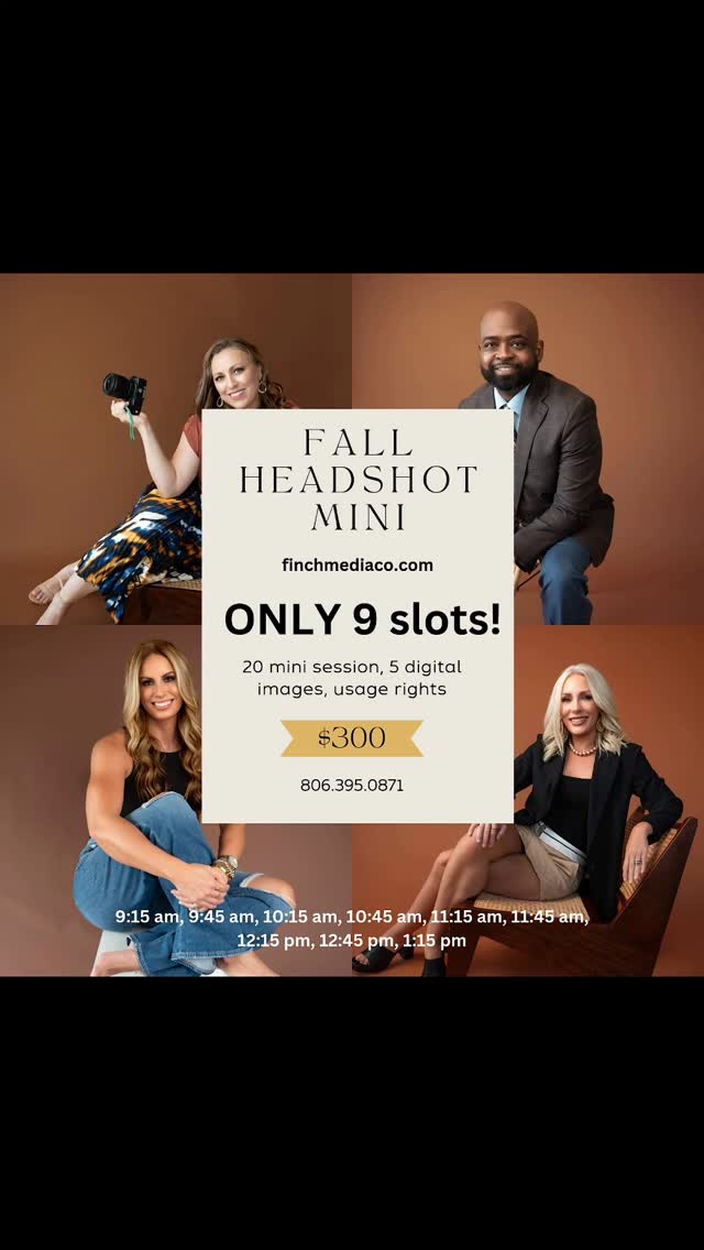 🍂Fall Minis are live! 🍂
Directions:
🍂Visit finchmediaco.com
🍂book your ticket
🍂Text me the time slot you'd like! (See flyer)
1-2 outfits. Fun, faced paced mini marathon to capture beautiful photos for your fall content marketing!
MIDLAND TX