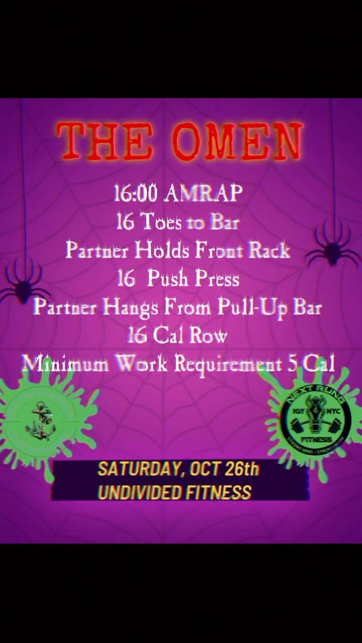 🎃THE OMEN🎃
16:00 AMRAP
16 Toes to Bar ->Partner holds front rack for reps to r count.
16 Push Press->Partner hangs from the pull-up bar for reps to count
16 Cal Row—>Minimum work requirement 5 Cal.
-Rx-
Toes to Bar.
Push Press Weight 115lbs/75lbs
-Intermediate-
Toes to Bar.
Push Press Weight 95lbs/65lbs
-Scaled-
Hanging Knee Raises
Push Press Weight 65lbs/45lbs
#crossfit #crossfitcompetition #charitycompetition #recovery #mentalhealth #firefighter #mentalhealthawareness #firefighterfitness #crossfitcommunity