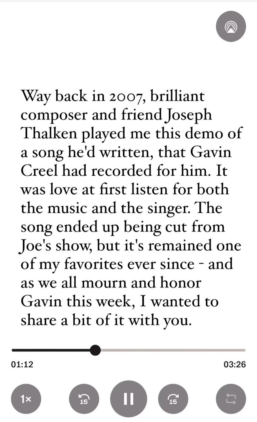 A bit of "Where Do You Go," by Joe Thalken and Tom Jones. Sung by Gavin Creel. RIP.