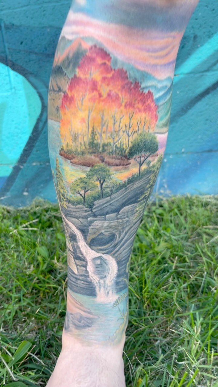 Every moment of this project was a complete joy. @joseph.bartos brought me the most wonderful reference photos of places he and his family have traveled, and some of their favorite places. 🌄This is what I really love about doinglandscape tattoos. Even though it’s just a colorful scene, the stories and memories are endless. Thanks Joe, for choosing me to do this for you, and sitting like a total rock all three days. 😎 if you’re looking to book a project like this, now would be a great time to reach out, I’m locking in my schedule through January.