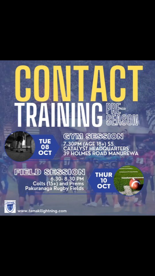 Contact training continues this week.
Tuesday, we have our second gym session. Bring training gym shoes, workout gear, and water.
Thursday, we are back at the Pakuranga Rugby Club fields at Lloyd Elsmore park. Bring cleats, overshirts/football jersey and water.