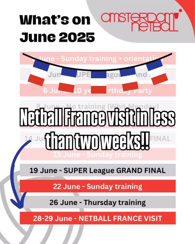 We are SO excited to be welcoming @netballfrance to Amsterdam for an international game 🇳🇱x🇫🇷 We have such a big weekend planned with also the @netballnetherlands U23 team taking on the NetballFrance U23 as well. We have matches planned for both Saturday and Sunday, both competitive and more social levels. And of course a social for the Saturday night. Can you tell we’re excited? 🍻🥐☀️💪❤️🏐 Follow us for more details!