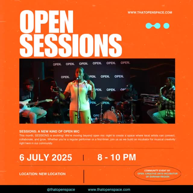SESSIONS’ is a vibe.
We are now honing in on our musical talent. Join us July 6 @ 8PM and see a musical line up of creatives from Durham Region aiming for the stars.
This is no longer an open.mic style event. We are aiming to take the selected creatives who have shown interest and give them the platform to grow as a collective.
Your support is needed , and this is still the space for creatives to connect and collaborate.
Great Food // Live Band // DJ // Good Vibes
OPEN. presents SESSIONS’
New Venue Announcement - July 1🤫
