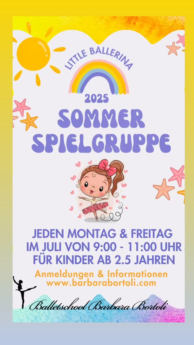 Ferienzeit = Ausnahmezustand? 😅
Unsere unverbindliche Ferienspielgruppe für Kinder ab 2,5 Jahren schenkt euch täglich 2 Stunden Pause vom Ferienchaos!
🎨 Spielen, bewegen, tanzen, basteln & lachen – liebevoll betreut und auch für Geschwister, Nachbarskinder und Freunde.
📆 Flexibel buchbar – einzeln oder öfter!
Gönn dir Me-Time, wir kümmern uns um den Rest. 💛
📩 Jetzt Plätze sichern! barbara@bortoli.ch
#Ferienspielgruppe #MeTimeFürMamas #Sommerferien #Ballettschule #EntspannungStattStress