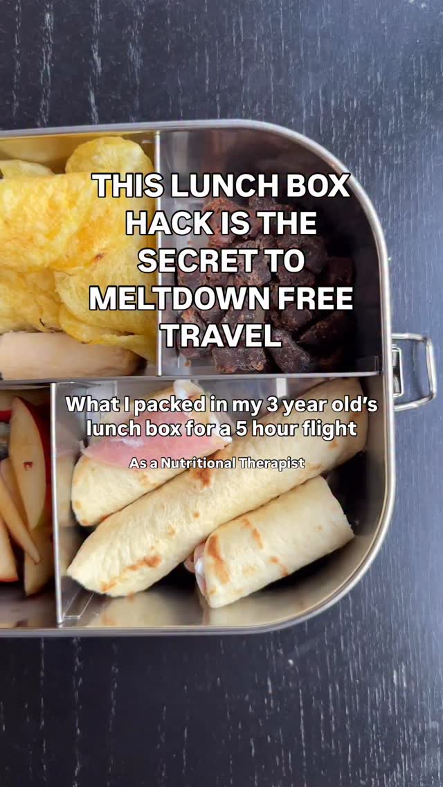 SAVE this for when you next travel ☑️
As a mum with PCOS and blood sugar issues, I focus big time on blood sugar balanced meals for my kids and lunch boxes are no exception.
You will always find protein, fibre and healthy fats to keep her full, satiated and moods stable.
For a 5 hour flight I wanted to provide fun foods while keeping it low-tox and I think I did pretty well!
Here’s what she had:
😋 Cucumber slices and olives - fibre, hydration and fats
😋 Blueberries, apple and almond butter in a separate little pot - fibre, carbs, healthy fats
😋 @heckfooduk chicken sausages - protein
😋 @marksandspencerfood olive oil crisps - fun
😋 @crostamollica wrap with @finnebroguefoods nitrate free ham - carbs, protein
😋 @freddiesfarmsnacks Fruit and veg Shapes - fun
There’s always room for improvement so please if you have any lunch box faves, send them my way!
Share the love with other mamas and follow along for more family wellness tips ❤️
Lunch box reco from @gracekingswell