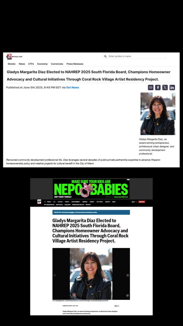 🌟 Proud to Partner with a Visionary! 🌟
Architect and urban developer Gladys Margarita Diaz has made an extraordinary impact — and the world is taking notice! 🏡
Her leadership in cultural preservation and urban transformation through the Coral Rock Village Artist Residency Project has been featured across major news outlets, following her election to the NAHREP 2025 South Florida Board. 👏
So proud to collaborate with such a powerhouse committed to community, creativity, and real change. 🌎
📰 READ THE FULL FEATURES BELOW:
✨ AS SEEN IN AP ASSOCIATE PRESS:
https://apnews.com/press-release/getnews/gladys-margarita-diaz-elected-to-nahrep-2025-south-florida-board-champions-homeowner-advocacy-and-cultural-initiatives-through-coral-rock-village-artist-residency-project-acc1461b84ba76d82a9f4905e9a356a5
✨ AS SEEN IN BEZINGA:
https://www.benzinga.com/pressreleases/25/06/ab45806561/gladys-margarita-diaz-elected-to-nahrep-2025-south-florida-board-champions-homeowner-advocacy-and
✨ AS SEEN IN BACHART:
https://www.barchart.com/story/news/32749671/gladys-margarita-diaz-elected-to-nahrep-2025-south-florida-board-champions-homeowner-advocacy-and-cultural-initiatives-through-coral-rock-village-artist-residency-project
✨ AS SEEN IN IFW NBC AFFILIATE:
https://fwnbc.marketminute.com/article/getnews-2025-6-6-gladys-margarita-diaz-elected-to-nahrep-2025-south-florida-board-champions-homeowner-advocacy-and-cultural-initiatives-through-coral-rock-village-artist-residency-project
✨ AS SEEN IN WKOW ABC NEWS AFFILIATE:
https://wkow.marketminute.com/article/getnews-2025-6-6-gladys-margarita-diaz-elected-to-nahrep-2025-south-florida-board-champions-homeowner-advocacy-and-cultural-initiatives-through-coral-rock-village-artist-residency-project
.
.
.
#PressRelease #FeaturedNews #ReinaldoVandres #AsSeenIn #Publicity #NewsUpdate#GladysMargaritaDiaz #UrbanDevelopment #CoralRockVillage #NAHREP2025 #CommunityLeadership #ArchitectsOfChange #ReinaldoVandres #AknandaProductions #LatinaLeaders #CulturalInitiatives #MiamiDevelopment #PublicRecognition