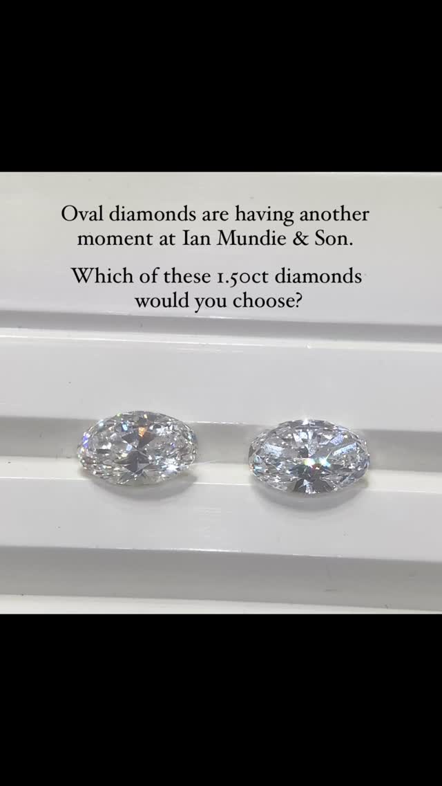 Oval diamonds are by far the most requested diamond shape today at Ian Mundie & Son.
We are very fussy about the shape and cut of oval diamonds and search for the best possible examples available.
Both of these 1.50ct oval shape diamonds are GIA certified.
Please DM or call us on 01412483037 to discuss these very special gems. Either one would make a perfect engagement ring or pendant. Be quick though - the last oval diamonds of this weight and size we had in stock sold in twelve days.
#glasgowjeweller #mundieandson #diamonds #ovaldiamondring #ovalcutdiamond