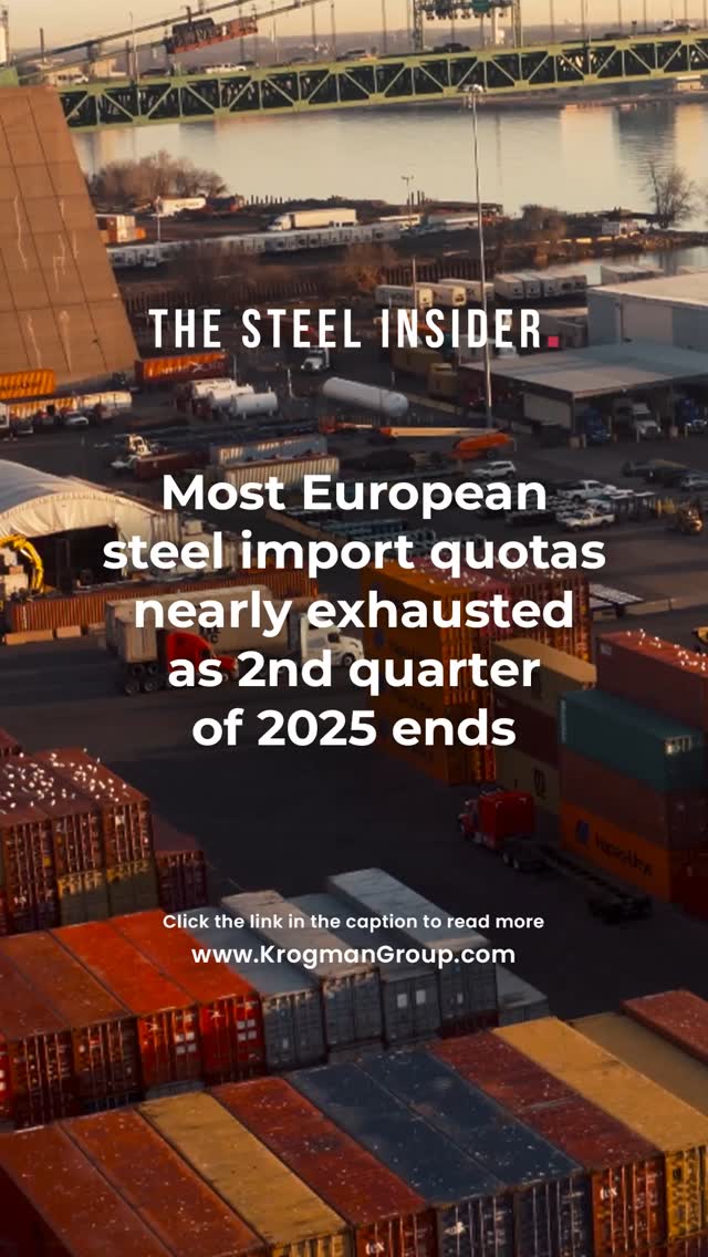 The latest from The Steel Insider
Most EU steel import quotas nearly exhausted as Q2 ends
As of June 26, import quotas for several steel products including HRC, CRC, rebar, and merchant bars have already been fully exhausted or are over 90% used up.
South Korea, Turkey, China, Egypt, and Japan are among the key players hitting their limits.
The pressure is on as the EU quota period ends June 30.
If you're sourcing steel for Q3, now’s the time to act.
Stay ahead. Stay supplied. #TheSteelInsider
Click the link in our bio to read more!
#SteelMarket #EUQuotas #StainlessSteel #SupplyChainAlert #KrogmanMetals #IndustryUpdate #GlobalTrade