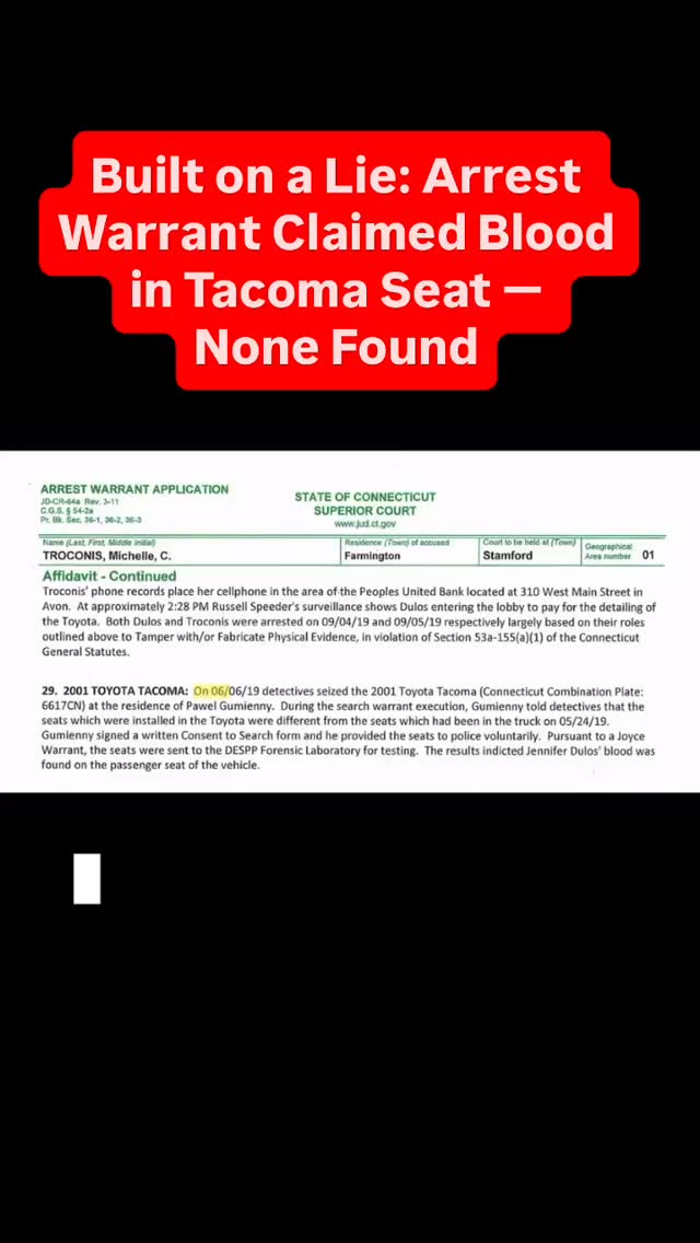 The arrest warrant falsely claimed blood was found on the passenger seat of the Tacoma. But under oath, Detective Matt Reilly admitted he didnāt even know which seat was the passenger or the driver.
He submitted a cutting of the seat cover for testing, yet at trial, he was unaware the results were negative. He testified that he would defer to the lab expert. Days later, that expert confirmed: no human blood was found.
This wasnāt justice. It was a deliberate attempt to mislead the jury and secure a wrongful conviction.
#JusticeforMichelle #WrongfulConviction #michelletroconis #michelletroconisisinnocent #freemichiāš¼ #wrongfullyconvicted #truthmatters #connecticut #newcanaan #ctstatepolice #ctpolice #stamfordcourt @govnedlamont