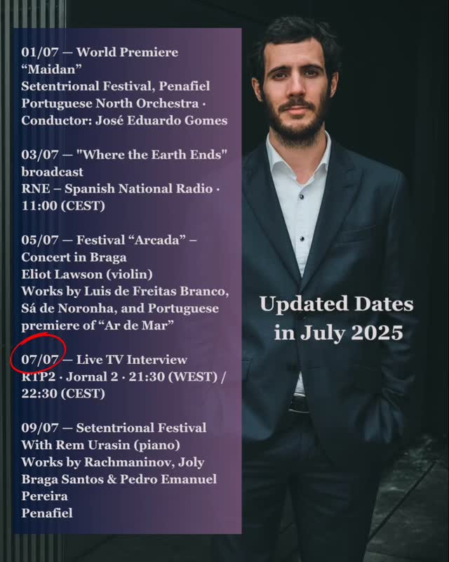 Updated July Dates
There were a few small changes to the tour schedule — here’s the corrected version with all July dates.
Thanks for following along!
#PedroEmanuelPereira #ConcertSchedule #ClassicalMusic #JulyConcerts #ContemporaryComposer #pianist