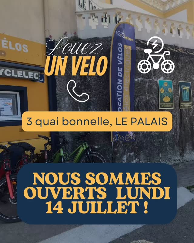 Louez un vélo en nous appelant, pour le week-end de 3 jours ! Même un jour férié, nous sommes ouverts pour vous satisfaire ! #jourferie #jourférié #belleileenmer #lepalais #veloelectrique #weekend #weekendvibes #weekendactivities #bretagne #14juillet