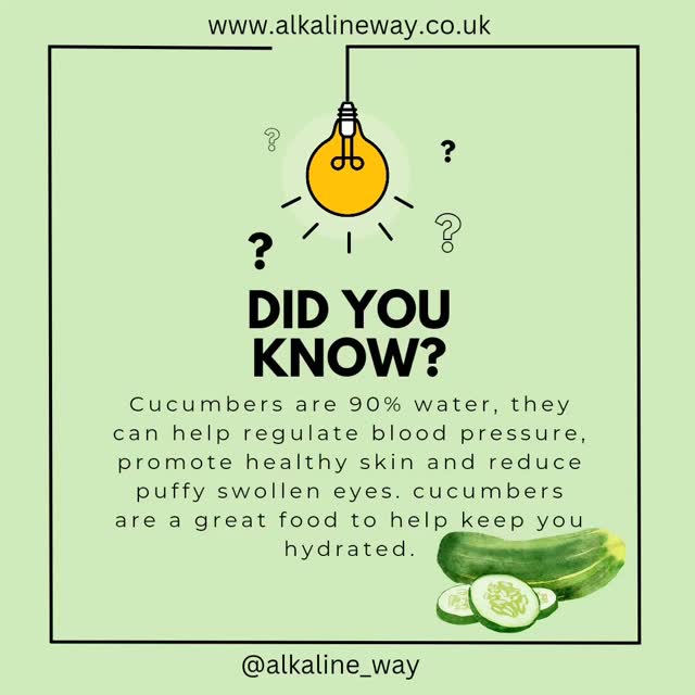 Did you know??
.
.
Cucumbers hold a high water content, they are full of vitamins and antioxidants and help support a healthy digestive system.
.
.
Cucumbers are low in calories and high in water and fiber
.
.
Cucumbers are an excellent alternative to help reduce puffiness and inflammation around the eyes when used topically
.
.
#alkalineway #cucumber #healthiswealth #didyouknow #water #hydrate #youmatter #pure #plantpower