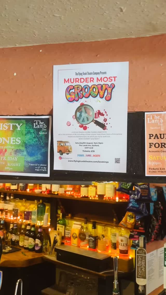 Step back into the Summer of ’69 for a killer night out you’ll never forget!
The Flying Trunk Theatre Company presents Murder Most Groovy, an immersive dinner theatre murder mystery set against a backdrop of peace, love…and death.
Enjoy a delicious three-course meal and three hours of theatrical entertainment as you and your fellow diners try to solve the crime: Who dunnit? And why?
Saturday 9th August, 7pm–10pm
The Lamb Inn, Sandford, EX17 4LW
Tickets: £35
Book now and get ready to unleash your inner detective:
www.flyingtrunktheatre.com/bookings
Peace. Love. Death. ✌️☮️💀
@creditoninandaround
@lambinnstagram
#immersiveexperience #liveshows #murdermystery #nightout #devonevents #middevon #theatrecompany #workingactor #dinnerandashow