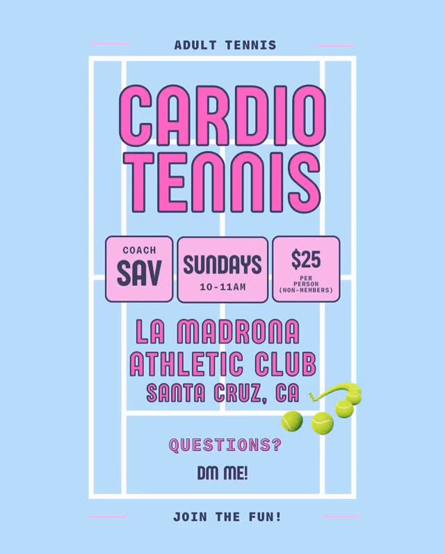 Join the fun!
#cardiotennis
#tennisfitness
#tennistraining
#tennisworkout
#tennisdrills
#tenniscoach
#funtennis
#tennispractice
#tennisaddict
#cardio
#fitness
#workout
#cardioworkout
#fitnessmotivation
#fitfam
#instafitness
#fitnessjourney
#santacruz
#santacruzca
#santacruztennis
#santacruzlife
#santacruzlocals
#california
#cawellness
#califitness
#bayareafitness
#healthylifestyle
#activecommunity
#sportstogether