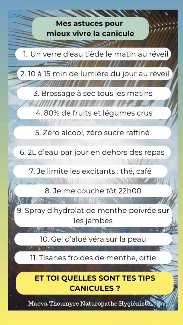 Même si la canicule n'est plus vraiment présente, je vous partage ces petites astuces pour mieux supporter ces coups de chaud.
En mettant en place de petit changement au quotidien vous pouvez améliorer votre hygiène globale.
Petits pas par petits pas, avancer vers un équilibre global de tous les systèmes de votre corps mais aussi de votre esprit.
Alors la chaleur n'est pas une fatalité et rappelez vous que rien n'est permanent 😁👌
Partagez moi vos astuces pour mieux supporter la chaleur 😎☀️
Prenez soin de vous 😘
#naturopathie #artdevivre #techniquesnaturo #mieuxetre #santenaturelle #changezvoshabitudes #soindesoi #naturopathieauquotidien #respiration #nutrition #alimentationsaineetequilibré #alimentationsante #conseilssante #consultationnaturopathie #maevathoumyrenaturopathie #naturo #naturopathedeuxsevres #vasles #parthenay #deuxsevres #astucescanicule #conseilscanicule