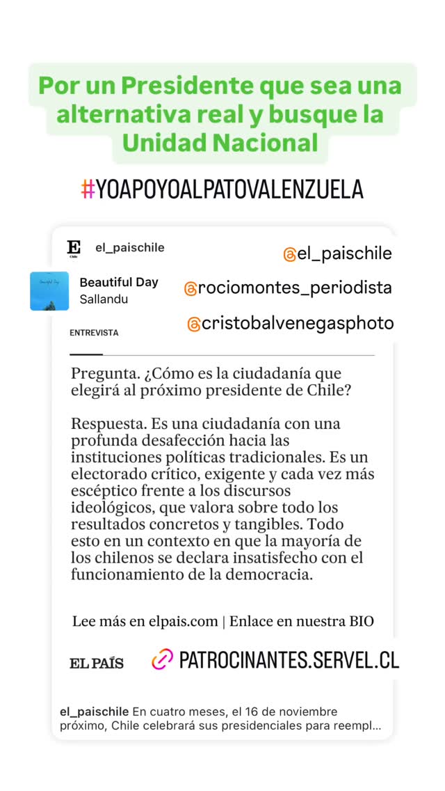 Por un Presidente que sea una alternativa real y busque la Unidad Nacional. #yoapoyoalpatovalenzuela #porunchileconunidadpazyarmonía #fyp #parati #chile2025 #candidatoindependiente #viralchile #instagram