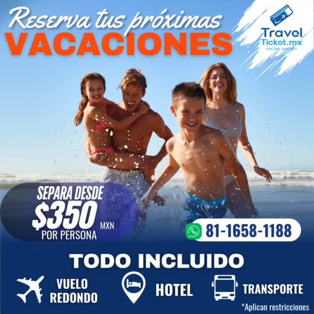 ๐ ยกEscรกpate al paraรญso sin gastar de mรกs! ๐๏ธโ๏ธ
Los mejores destinos nacionales al mejor precio, solo con Travel Ticket.
โจ Vive la experiencia de sol, playa y descanso en lugares increรญbles como:
Cancรบn โข Playa del Carmen โข Puerto Vallarta โข Riviera Maya โข Puerto Escondido โข Los Cabos โข Huatulco ๐
๐ Tu paquete incluye:
โ๏ธ Vuelos redondos
๐จ Hospedaje Todo Incluido
๐ Traslados aeropuerto-hotel
๐งณ Equipaje documentado
๐ธ Aparta tu lugar desde solo $350 MXN por persona
๐ ยกViaja fรกcil, seguro y sin preocupaciones!
๐ Reserva hoy mismo con Travel Ticket y empieza a empacar.
๐ฉ Envรญanos un mensaje o visรญtanos en Monterrey o Santa Catarina, N.L.๐๐งณ