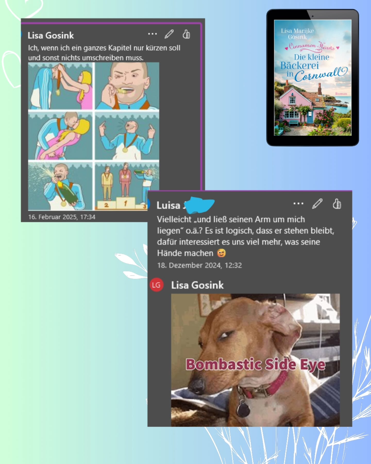 🖤Lektorat🖤
Ich hab das Lektorat mit Luisa wirklich sehr genossen. Dank ihr ist aus einer fixen Idee ein großartiges Buch geworden. Und in diesem Lektorat gab es ein paar wundervolle Perlen, die ich euch eigentlich nicht vorenthalten wollte.
Luisa ist nämlich meine Meme-Queen. 😘
Mehr davon? Bisschen was hätte ich noch!
#autorinnenleben
#veröffentlichung
#summerromance
Cozy Romance | Cinnamon Hearts | small town romance | Fake Dating