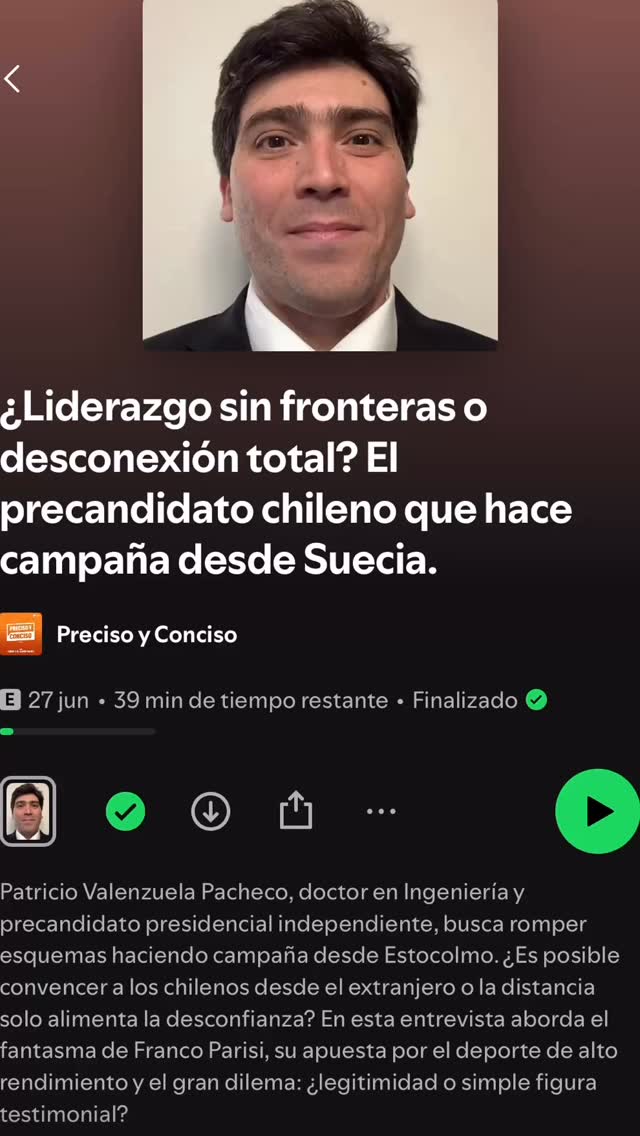 ¡Hola! Te invito a escuchar mi entrevista con Don Roberto del Campo Valdés, en su programa de Spotify ”Preciso y Conciso” (@precisoyconciso_). Muchas gracias, Don Roberto, por el espacio de conversación. Muy feliz de conversar en oportunidades futuras. #yoapoyoalpatovalenzuela #porunchileconunidadpazyarmonía #fyp #parati #viralchile #chile2025 #candidatoindependiente #presidentedechile #instagram #chilenoensuecia #candidato