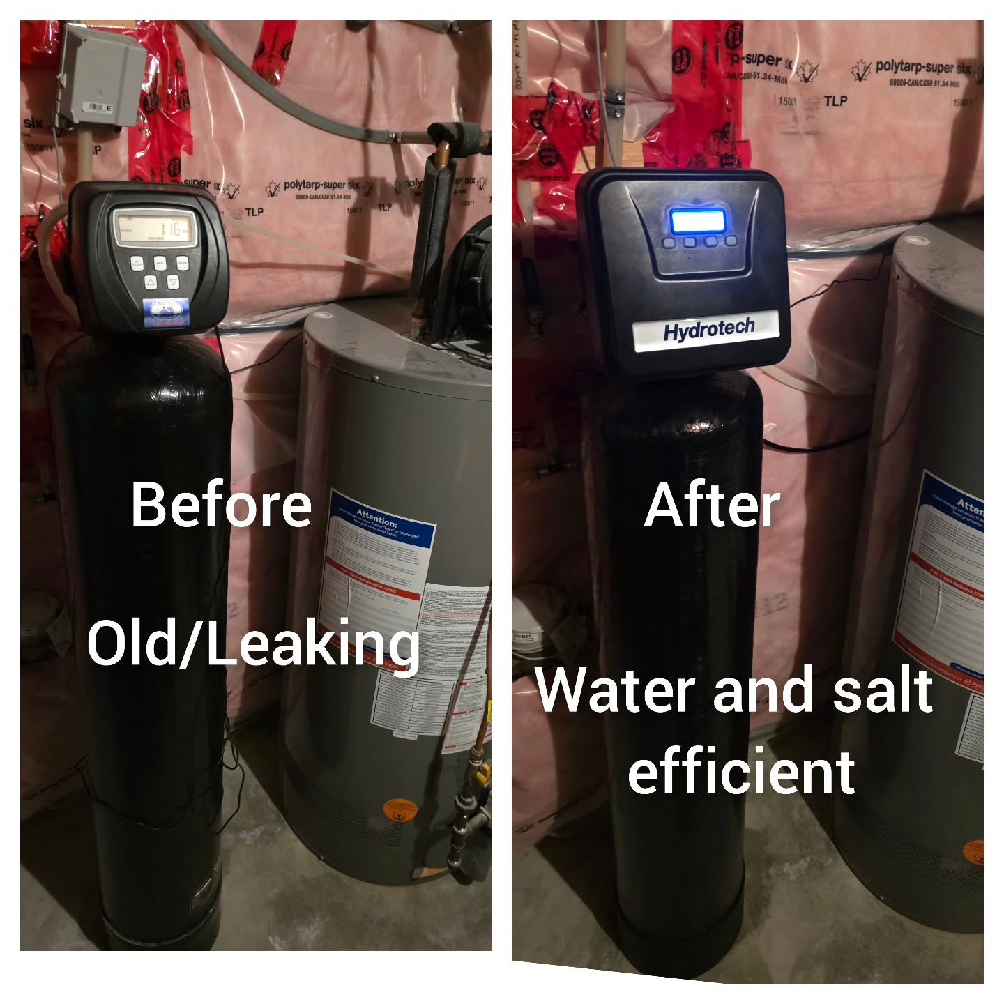 The first picture shows an old, inefficient water softener that had been leaking and no longer performed effectively. The new water softener is highly efficient, using only six pounds of salt per regeneration—saving both salt/water and money over time. It comes with a full 10-year parts and labour warranty for your peace of mind. This advanced system is available at Woodstock's Water Shop, located at 196 Springbank Ave North, Woodstock, Ontario. For more information, give us a call at 519-290-5678.