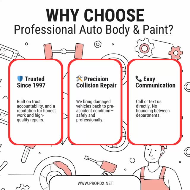 Why Choose Professional Auto Body & Paint?
At Professional Auto Body & Paint, weāre not just another auto body shop.
Weāre your locally owned, independent advocate for quality repairs and consumer rights šŖš½
š« Weāre NOT Controlled by Insurance Companies
Unlike insurance ānetwork shops,ā we are fully independent. That means we work for you, not the insurance company.
Insurance-preferred shops are often under pressure to cut cornersāchoosing aftermarket or used parts to help the insurer save money. Thatās not in your best interest. Their goal? Protect their bottom line, not your vehicleās value and integrity.
š” Know Your Rights
Insurance companies may try to steer you to their preferred shops using scare tactics like š±
ā”ļøāWe wonāt guarantee repairs if you donāt use our shop.ā
ā”ļøāItāll take longer if you go elsewhere.ā
šØThese are scare tactics and often illegal.
You have the legal right in every state to choose your own repair shop.
Itās your car.
Your choice.
ā
Why Choose Us?
ā 5-star reviews across the board
š ļø 28+ years of trusted service
š” Family-run, woman-owned, minority-owned business
šProudly serving Portlandās Cully neighborhood since 1997
We stand for transparency, quality craftsmanship, and local values. No gimmicks. No corporate tricks. Just honest work you can rely on š
Thank you for choosing to support small business. Weāre here to helpāevery step of the way ā¤ļø
Professional Auto Body & Paint
š Locally rooted. Customer focused.
š§ Since 1997 | www.propdx.net