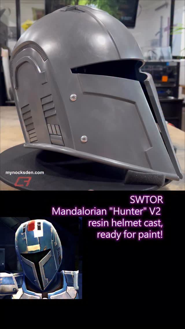 Mandalorian “Hunter” V2 helmet cast from a brand new redesigned master and mold. Helmet was cold-cast with aluminum powder using 65D and ONYX resins, trimmed and polished up - something I do for all helmets I intend to paint myself. But what style of paint job to do, textured or flat? 🤔
Helmet casts are now available in my web store. (I do not sell my helmet STL files). Thanks for looking! #mynocksden #starwars #swtor #propmaking #mandalorian #starwarshelmet