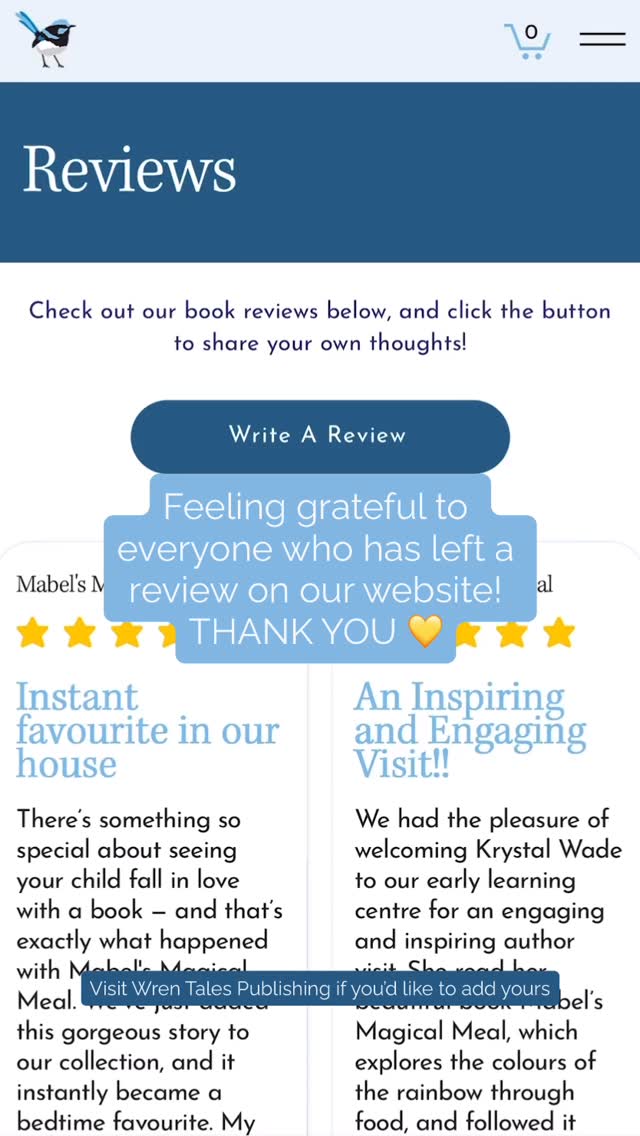 🫶A big heartfelt thank you to everyone who has taken the time to leave a review for Mabel’s Magical Meal on the Wren Tales Publishing website!
Your kind words truly mean the world and help other families, educators, and little readers discover Mabel’s story.
A small shoutout to just a few below— I’m so grateful for your support!
@teachingwithsteph
@onegiantleapeducation
@the_tunstill_tales
@ajlawsondesigns
@mindsinbalance
@bec_walraven_author
@abi_carter9
@____jacinta
@amandakcarlin
If Mabel’s Magical Meal made its way to your bookshelf and you haven’t left a review yet, I’d love to hear your thoughts!
You can leave a review by visiting the website:
👉 www.wrentalespublishing.com.au
Thank you for helping this little book reach big hearts 💛
#MabelsMagicalMeal #PictureBookLove #KidsBooks #AustralianAuthor #ThankYouReaders #WrenTalesPublishing #SupportLocalAuthors #ChildrensBooks #HealthyEatingForKids #BookReviewsMatter