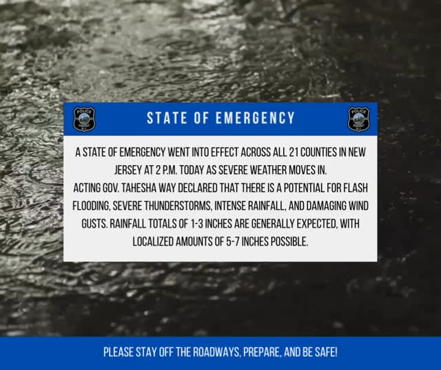 With the impending storm and a state of emergency in effect, please stay off the roadways and take all necessary precautions to ensure your safety. If your property is prone to flooding, take appropriate measures to minimize potential damage. Secure outdoor furniture and any other items that could be carried away by strong winds. Borough Hall will be available as a shelter if needed.