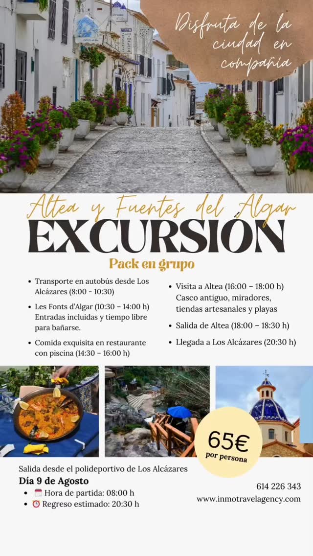 ☀️ ¡Nos vamos de excursion por la Costa Blanca!
🕐 Salida a las 8:00 h desde Los Alcázares.
📍 Cascadas, deliciosa gastronomía valenciana, atardecer en la playa, miradores...
💬 Reserva ya tu plaza
#escapada #viajedeundía #viajaresvivir