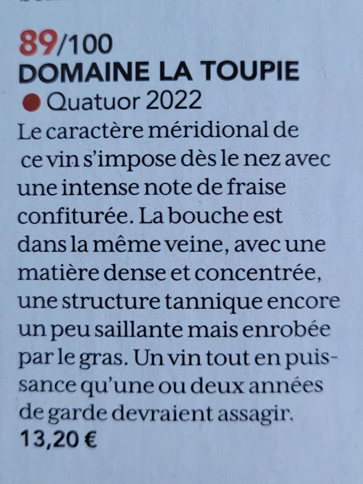 DOMAINE LA TOUPIE Quatuor 2022 dans la sélection de la RVF de juillet "1500 vins épatants à moins de 15 euros!"