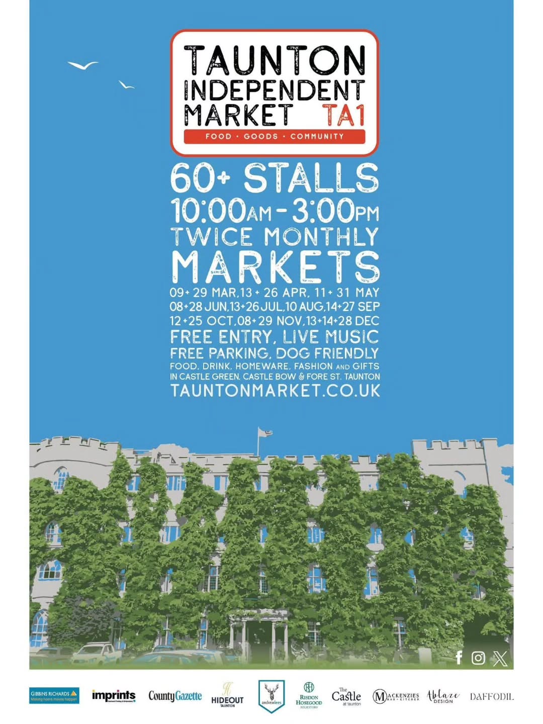 💥Taunton Independent Market is back THIS SUNDAY 10TH AUGUST ! 💥
Come to Castle Green, in the centre of Taunton, where the Taunton Independent Market will be on between 10am–3pm
Soak up the atmosphere, enjoy fabulous local shopping in the sunshine, eat delicious food with family and friends - all at our family-friendly market.
Packed with amazing local traders and live music all day our regular weekend markets bring an added vibrancy to the beautiful Taunton town centre.
Our stallholder list so far
Art Food
BeSweet
Bisdak
Bumblees
Climate Action Taunton
Common Loaf
Dough Bros
Dunya Bakes
Ellises Farm
Exmoor Feasting Company
Extreme Chocolate
Fat Head Brewery
Ffynnon Wen
Gallery 59
Gamekeepers Larder
Globetrotter Pork
Greek Olive Company
Homity Pie Guy
Irie Coffee
Jane Roseveare
John The Greek
Ludacrust
Luxe Lolly Co
Pawsitively Pawful
Piggy in the Middle
Pop up pet shop
PopitonU
Pops Thai Kitchen
Real Somerset Silver Co
Rock Gin
RSPB
SB Bakes
Senis
Soi 5
Somerset Natural Soaps
Somerset Wildlife Trust
South West Event Catering
South West Event Catering
Suns & Daughters
The Loaf Shack Bakery
The Macaroom
The Wife and I
Tricky Cider
Warlock Meadery
Wickham Wine
Winnies Bakery
Zoe's Gluten Free Bakes
Brisco
#FoodGoodsCommunity
#buylocalsupportlocal
#shoplocal
@followers
Bath Place, Taunton Taunton Independent Quarter Orchard Gallery Taunton Orchard Shopping Centre Super Juice Station Road, Taunton Hatchers - Taunton's Own Department Store Mr Miles
Sponsored by: Gibbins Richards Lettings & Management Gibbins Richards Estate Agents Ltd